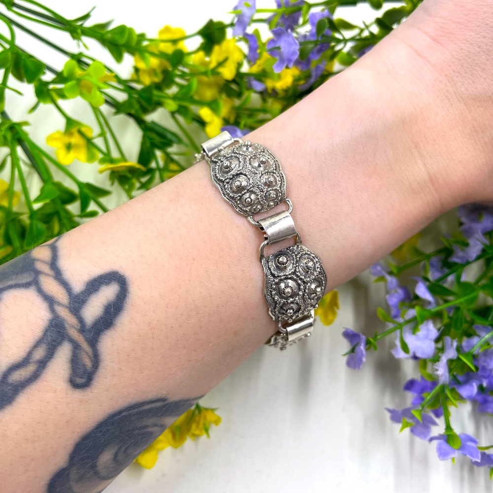 Antique 925 Sterling Silver Gothic Style Bracelet 7.5 Inches Long - Picture 1 of 9